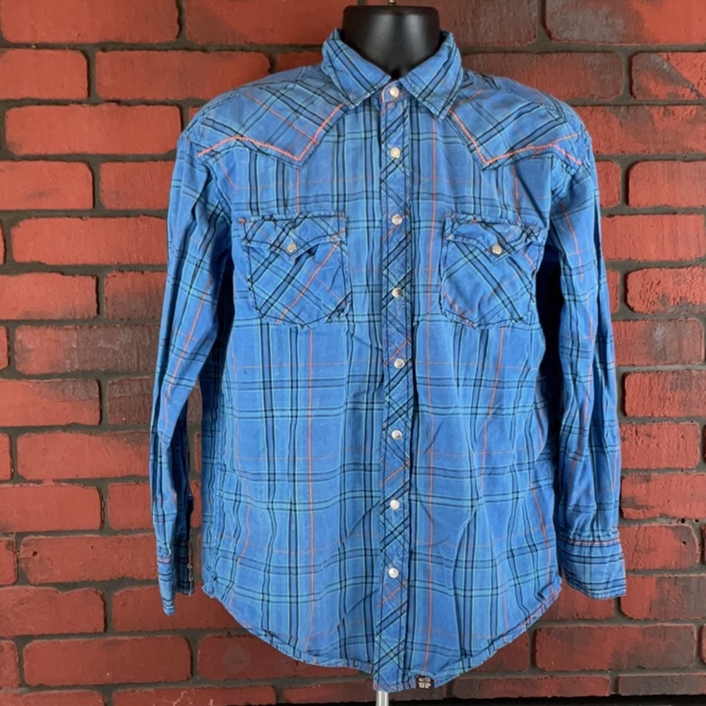 Cowboy Up Western Mens Medium Blue Button Down Shirt – Casual, Cowboy, Rodeo‎